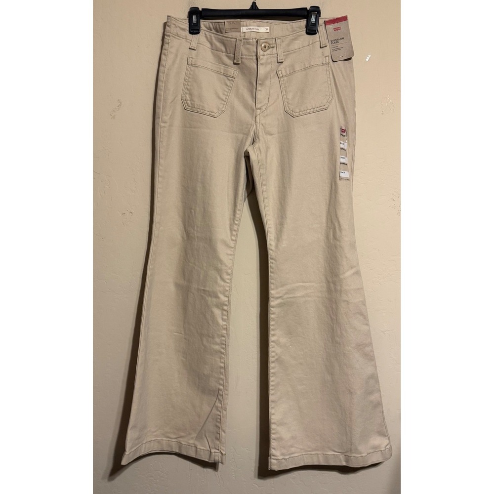 Levi's Superlow Flare Jeans‎ Khaki Beige Pants Women 31x32 Wide Leg Stretch NEW